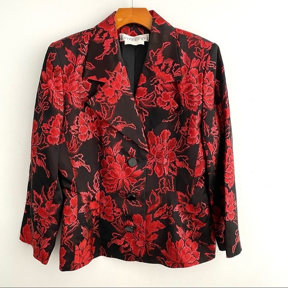 GIVENCHY Vintage Red Black Floral Metallic Skirt Suit Set size 42 - Picture 2 of 15